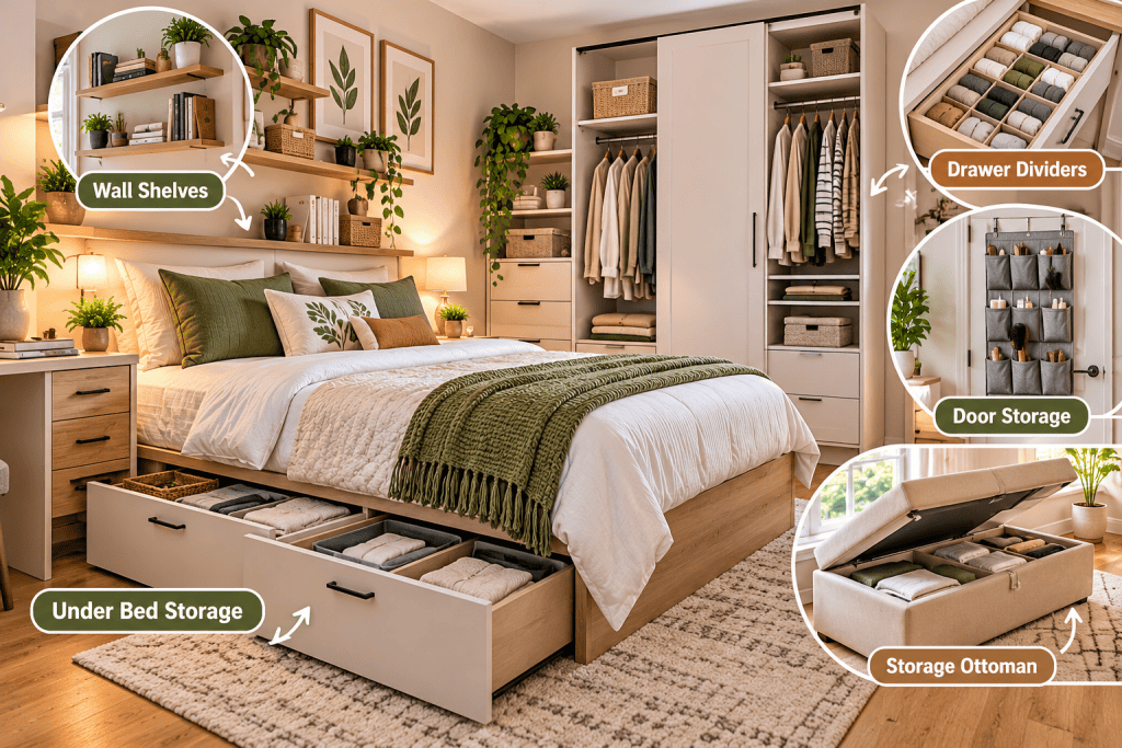 Small bedroom using under-bed storage and wall shelves
