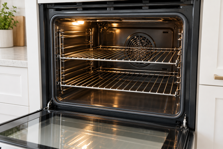 Sparkling clean oven shelves placed back inside the oven
