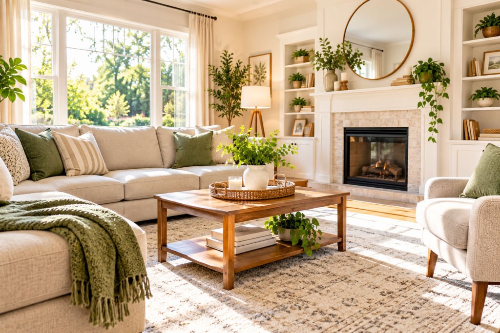 Sunlit Scandinavian Living Room with Greenery